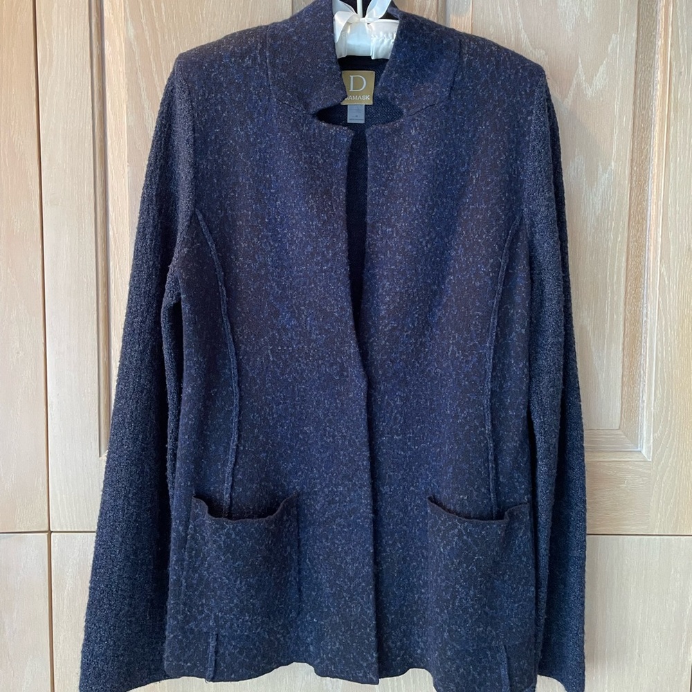Damask Black and Navy Long Cardigan Sweater with Snap Closure Size Medium